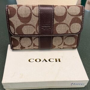 Coach Brown Signature Canvas Wallet with Dark Brown Leather Trim